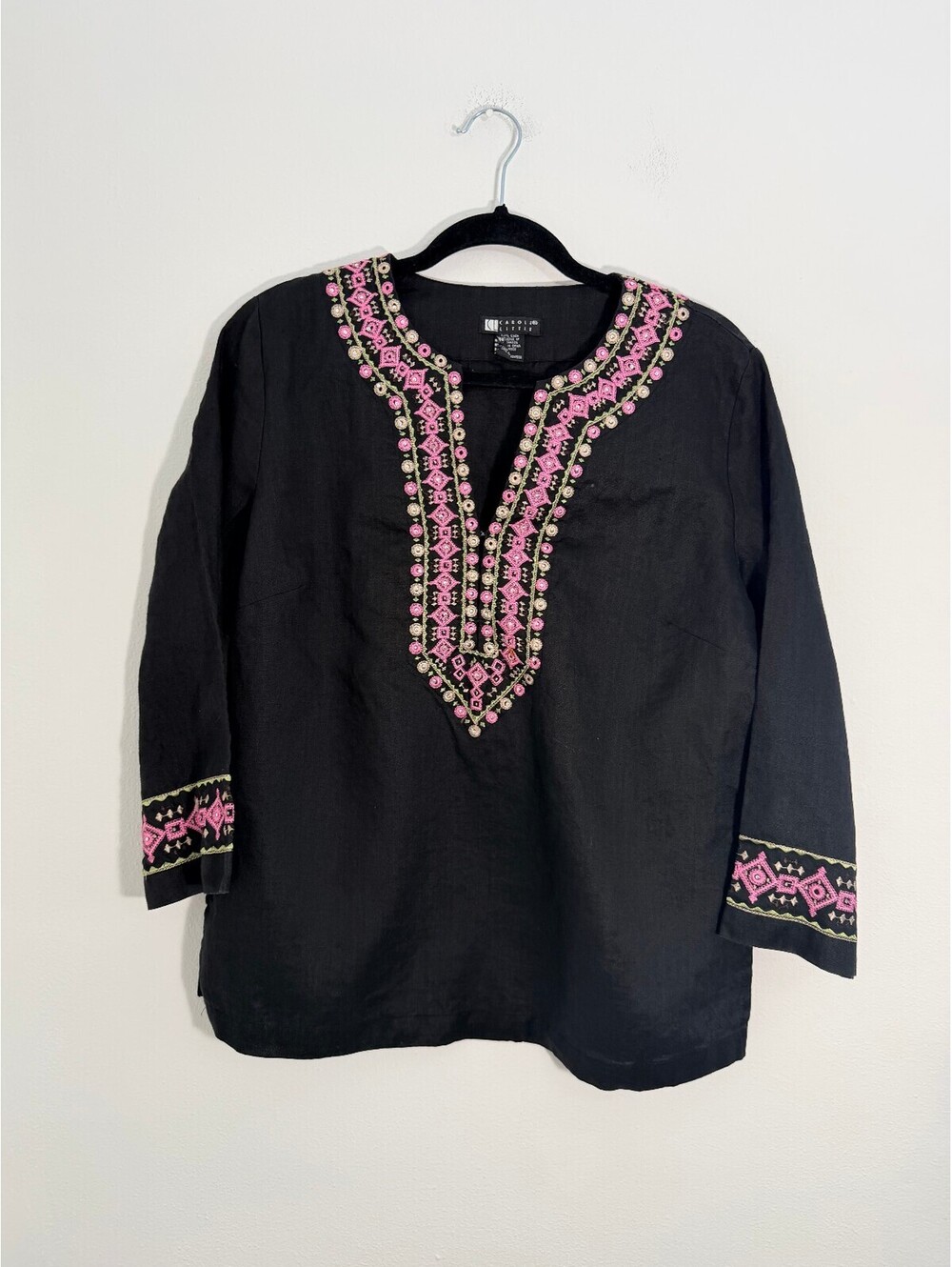 Carole Little Black 100% Linen Embroidered Tunic Top Boho Pink Floral Size L - Picture 2 of 6